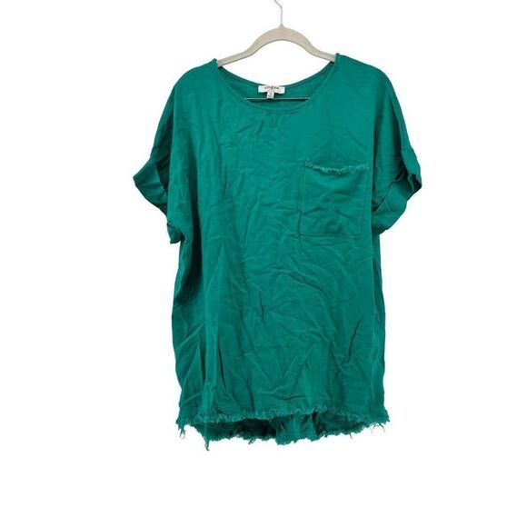 Umgee USA Frayed Hem Pocket Tunic Top Short Sleeve Green Medium - Picture 1 of 9